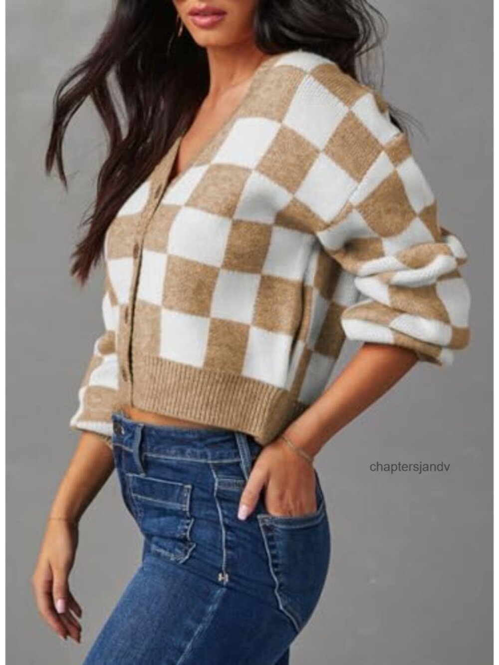 Dokotoo V Neck Button Down Cable Knit Plaid Cropped Cardigan Sweater - Picture 2 of 6